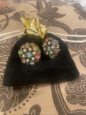 Multicolor Crystal Cluster Clip-On Earrings - Vintage Style